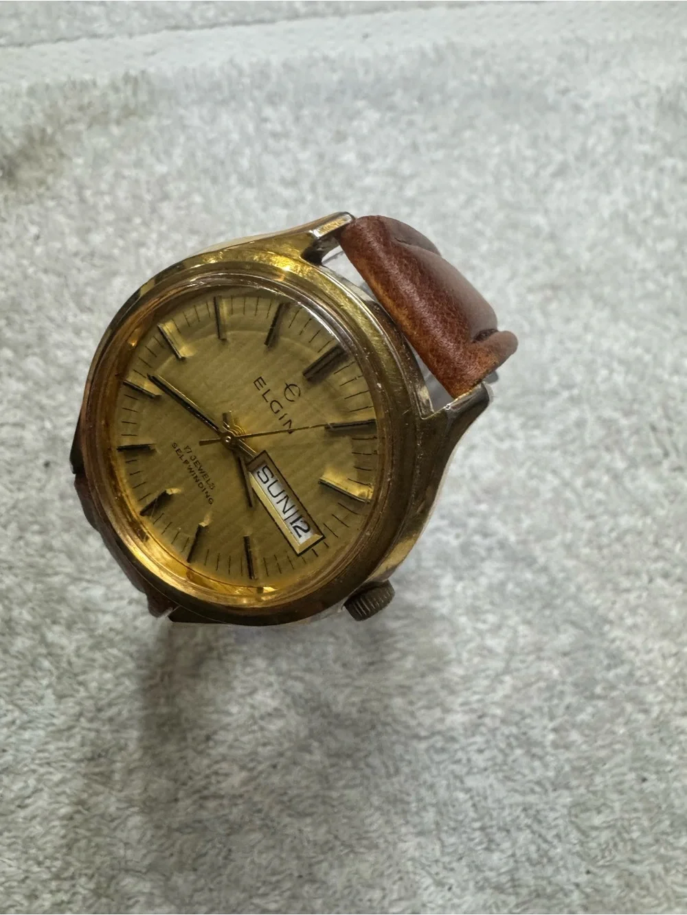 Elgin Gold-Tone Selfwinding Watch with Brown Leather Strap